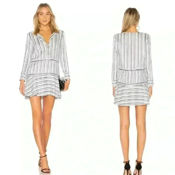 Alexis Nicholina Amalfi Blue Stripe Long Sleeve Ruffle Mini Dress Women’s Medium - Picture 2 of 15